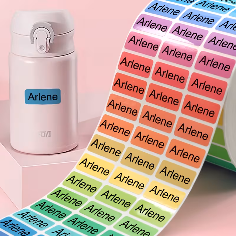 Personalized name stickers on bottle and sheet